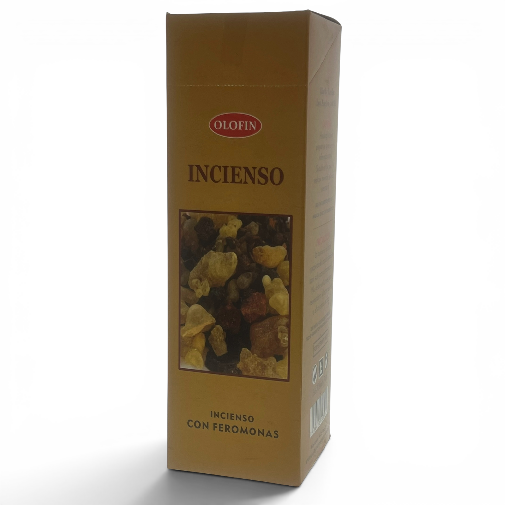 A tall rectangular box of Olofin Incienso (incense) with a metallic gold finish, featuring a photo of dried incense pieces on the front, set against a plain white background.