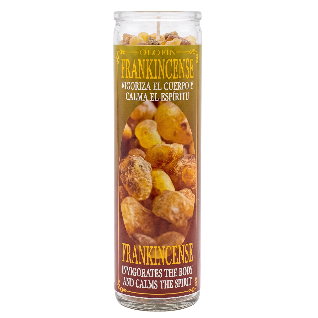 A tall glass jar candle labeled 'Olofin Frankincense' with a clear top and bottom, showing yellow-brown frankincense buds printed on the front against a white background.