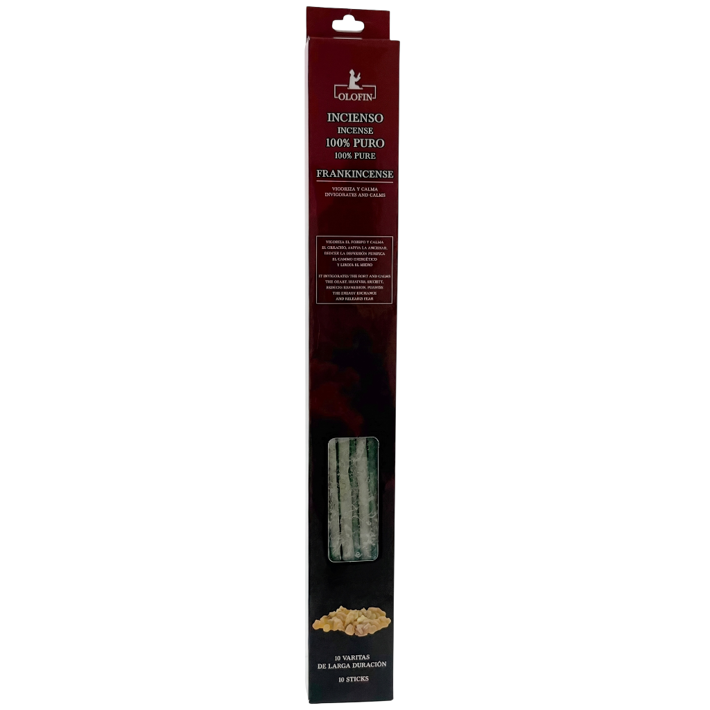 A tall, narrow retail package of incense sticks on a plain white background. The packaging is predominantly dark red and black with white text, and a small clear window near the bottom reveals the incense sticks inside.