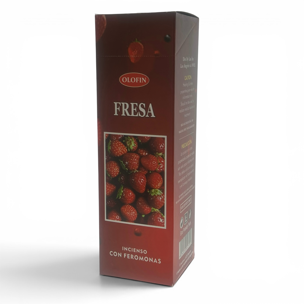 A tall rectangular box of Olofin Fresa incienso con feromonas, featuring a dark red design with a photo of fresh strawberries on the front, set against a plain white background.