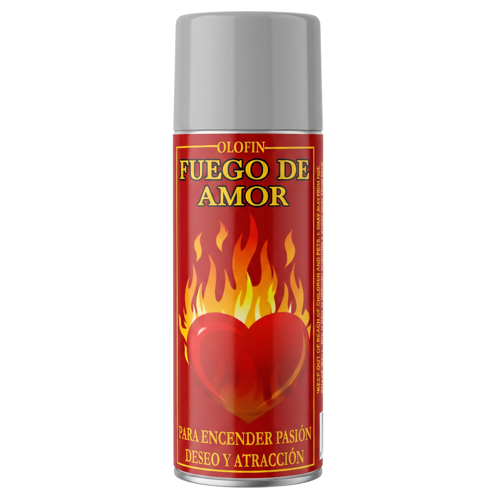 A can of Olofin Fuego de Amor spray with a red label featuring a burning red heart and yellow flames, topped with a gray cap, on a white background.