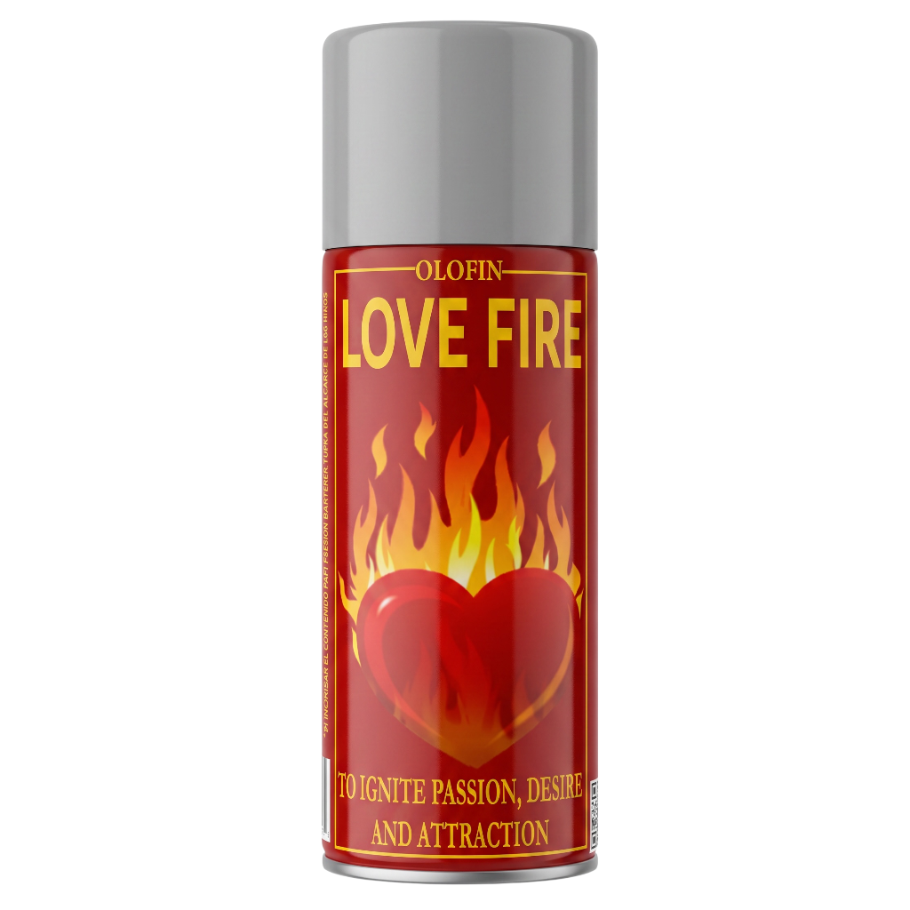 A cylindrical spray bottle of Olofin Love Fire on a plain white background. The bottle has a metallic silver cap and base, with a red label featuring yellow and orange flames rising from a red heart, and the text 'OLOFIN LOVE FIRE' in yellow.