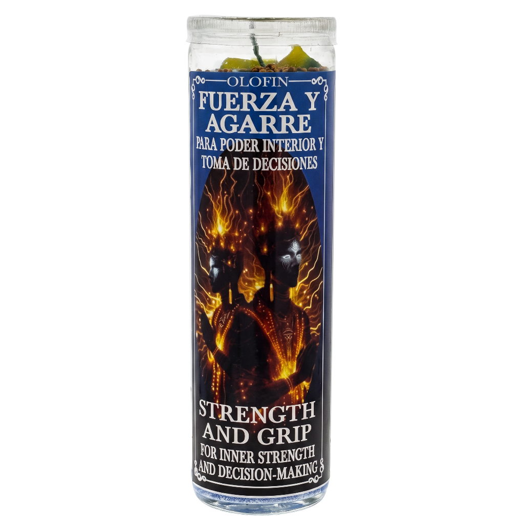 A tall glass jar candle with a blue and black label featuring fiery orange graphics and Spanish and English text reading 'Olofin Fuerza y Agarre' and 'Strength and Grip'.