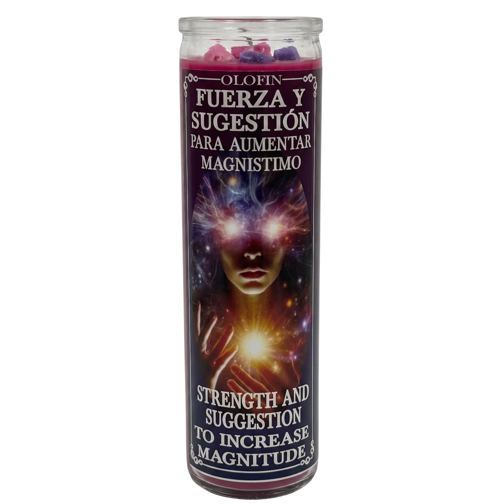 A tall glass prayer candle with a dark purple label featuring a cosmic face illustration and Spanish and English text reading 'Olofin Fuerza y Sugerén para aumentar Magnistimo' and 'Strength and Suggestion to Increase Magnitude.'.