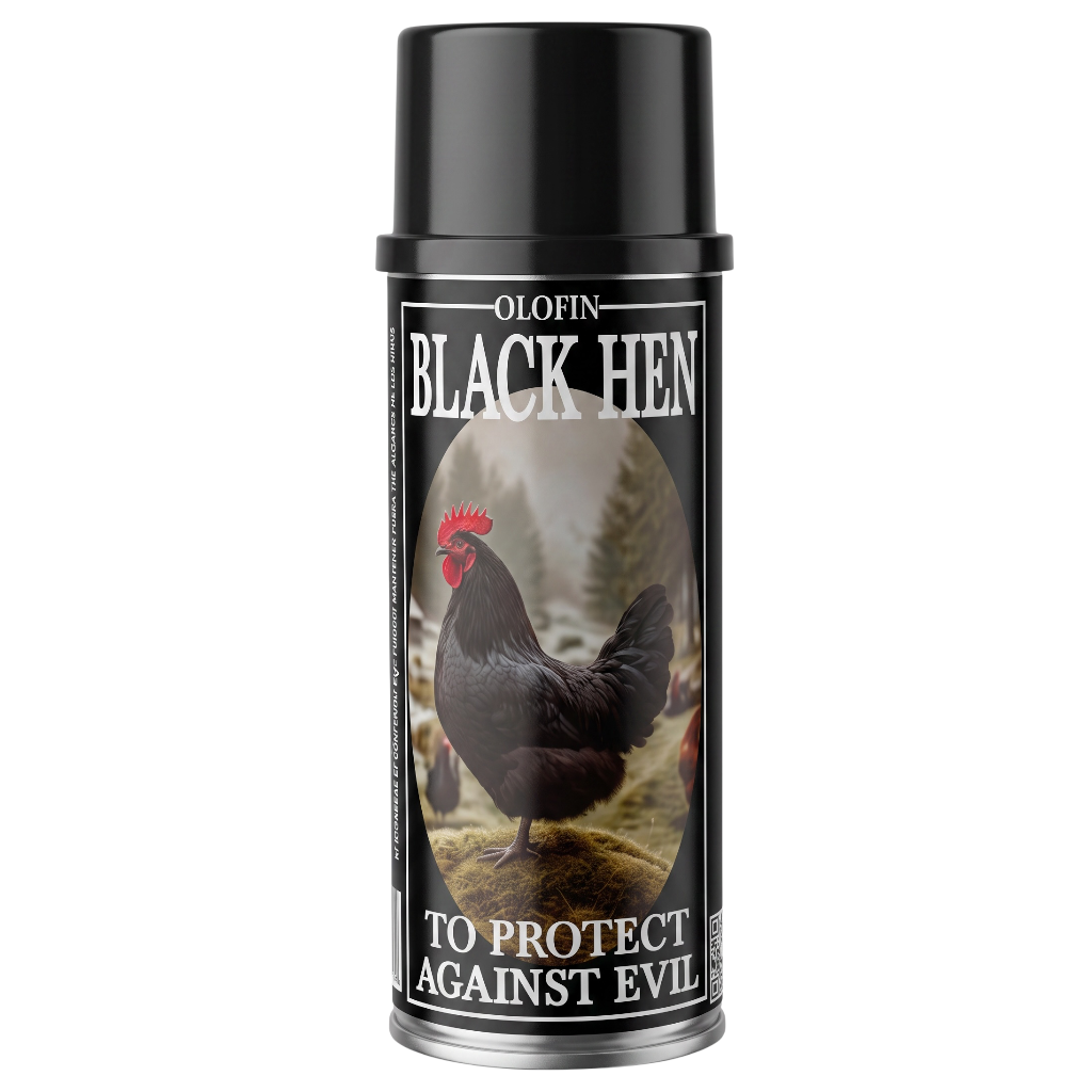 A can of Olofin Black Hen spray, featuring a black cap and a black label with a rooster illustration and the text 'BLACK HEN TO PROTECT AGAINST EVIL'.