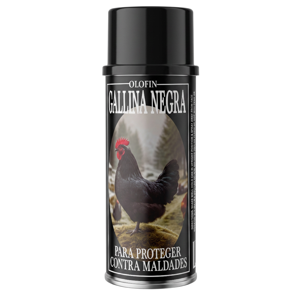 A black aerosol can of Olofin Gallina Negra chicken coop protection spray, featuring a label with a black rooster on a white background.