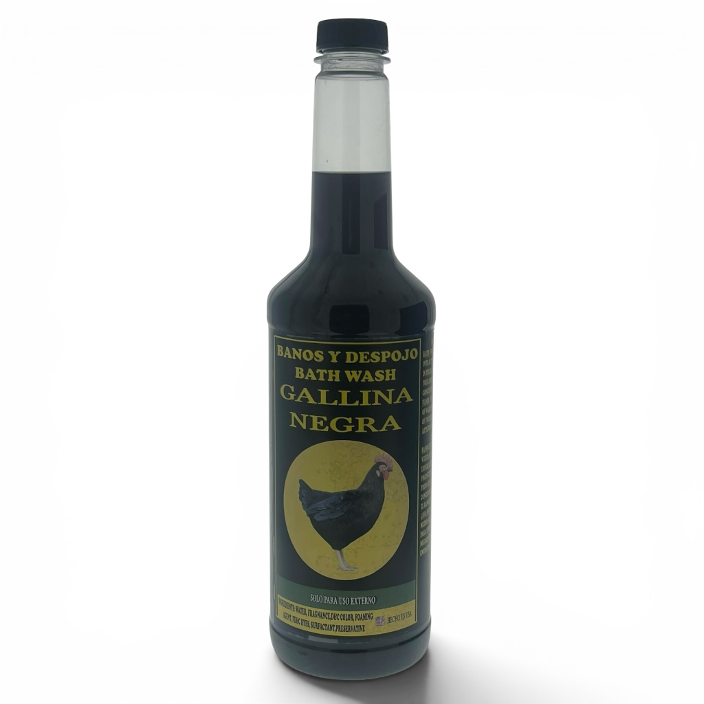 A bottle of Gallina Negra bath wash with a black cap and a dark green label featuring a chicken illustration, set against a plain white background.