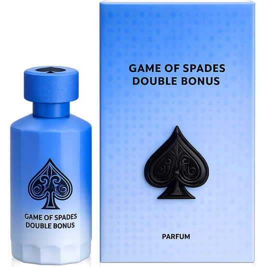 Blue perfume bottle and packaging with 'Game of Spades Double Bonus' text and spade symbol.