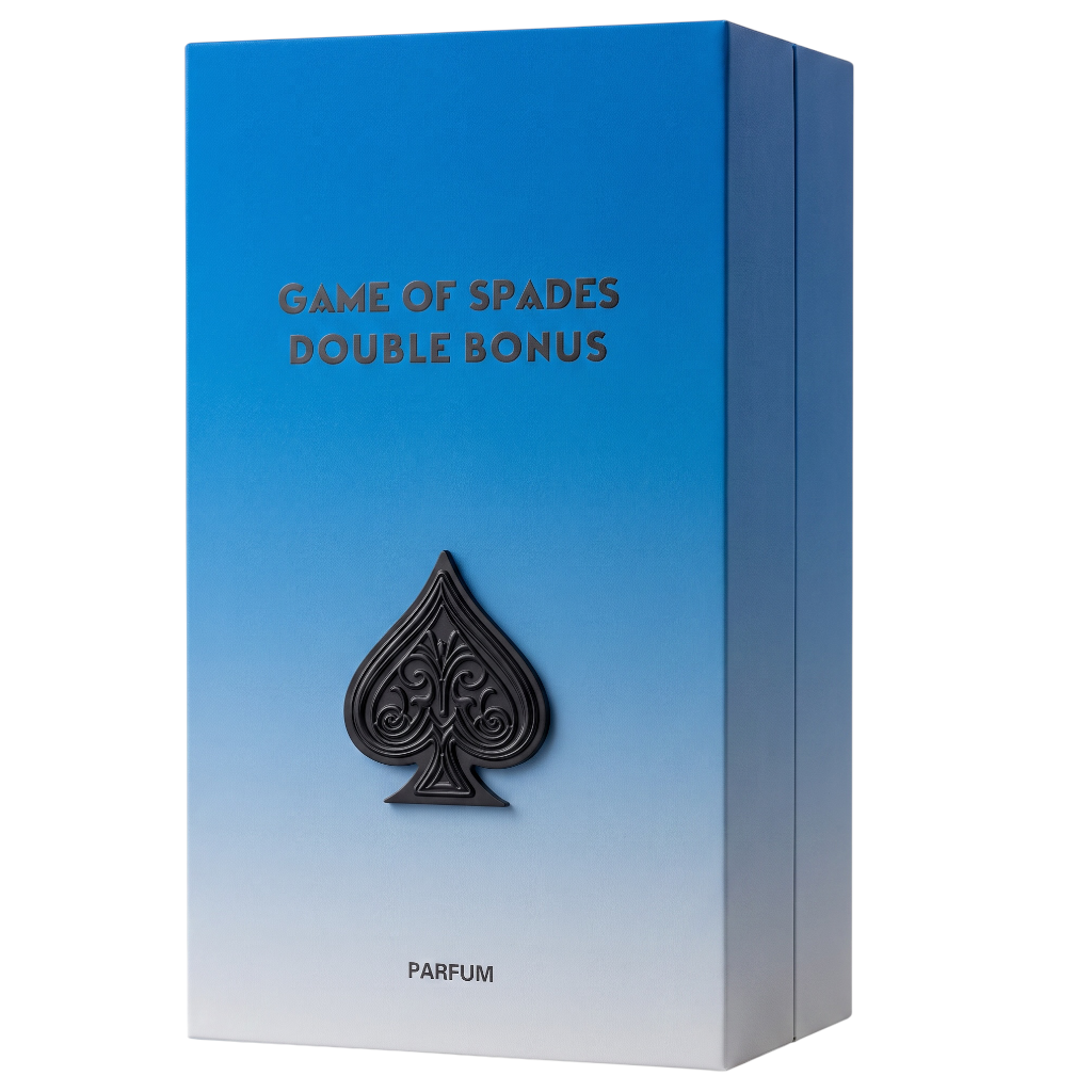 A rectangular perfume box with a blue-to-white gradient design, featuring a large black spade emblem and the text 'GAME OF SPADES DOUBLE BONUS' and 'PARFUM'.
