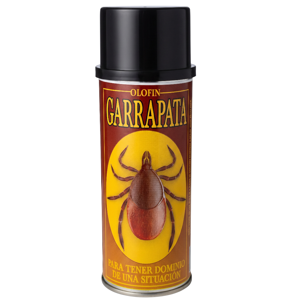 A can of Olofin Garrapata tick spray with a black cap and a label featuring a brown tick on a yellow background, set against a plain white backdrop.