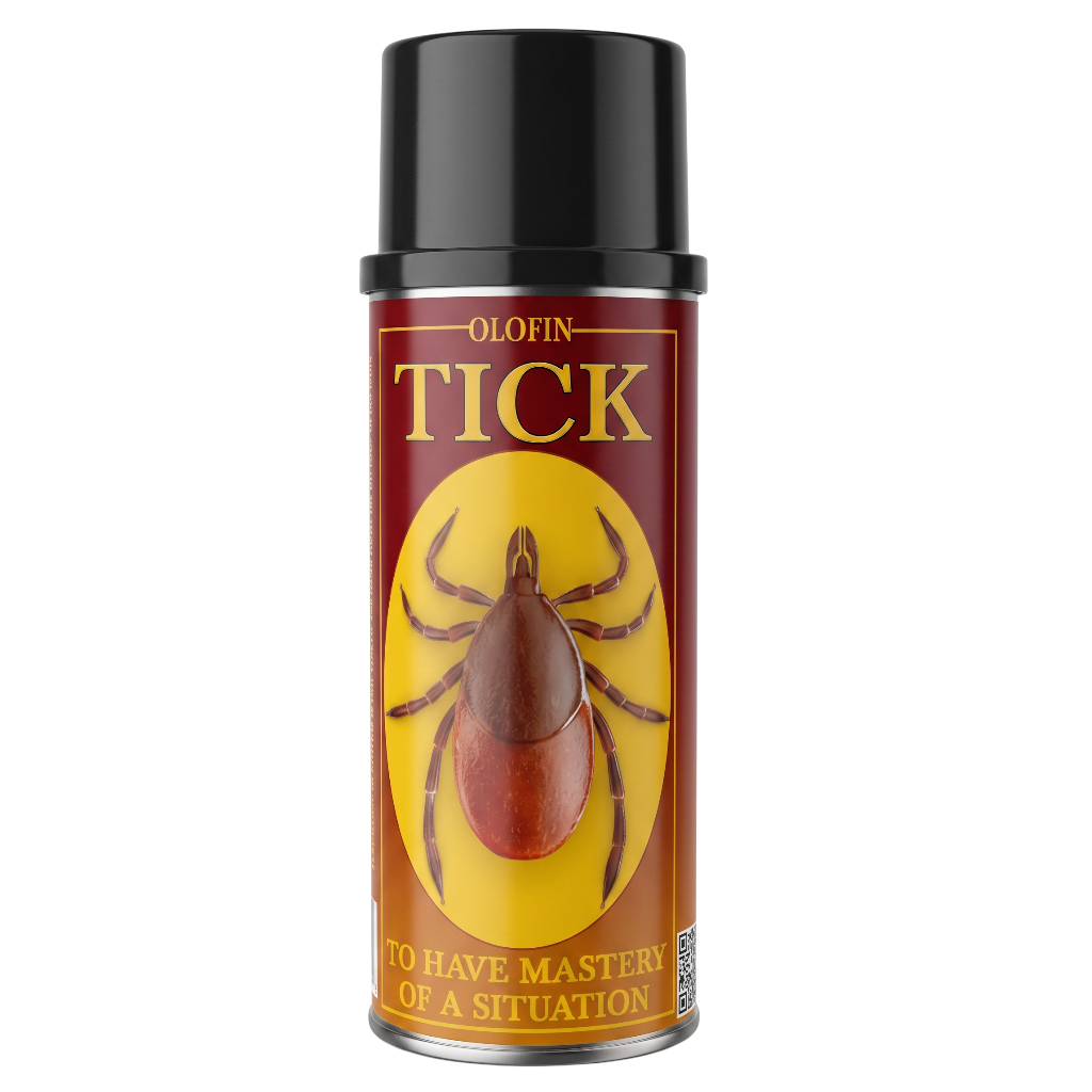 A can of Olofin Tick spray with a black cap and a label featuring a brown tick on a yellow circle against a dark red background.