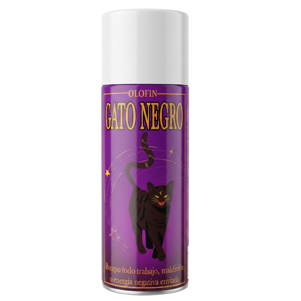 A can of Olofin Gato Negro spray, featuring a purple label with a black cat illustration and gold lettering, set against a plain white background.