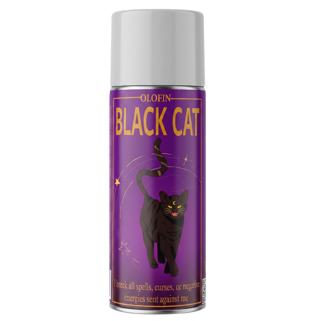 A can of Olofin Black Cat spell breaking spray with a purple label featuring a black cat illustration and gold lettering, set against a plain white background.