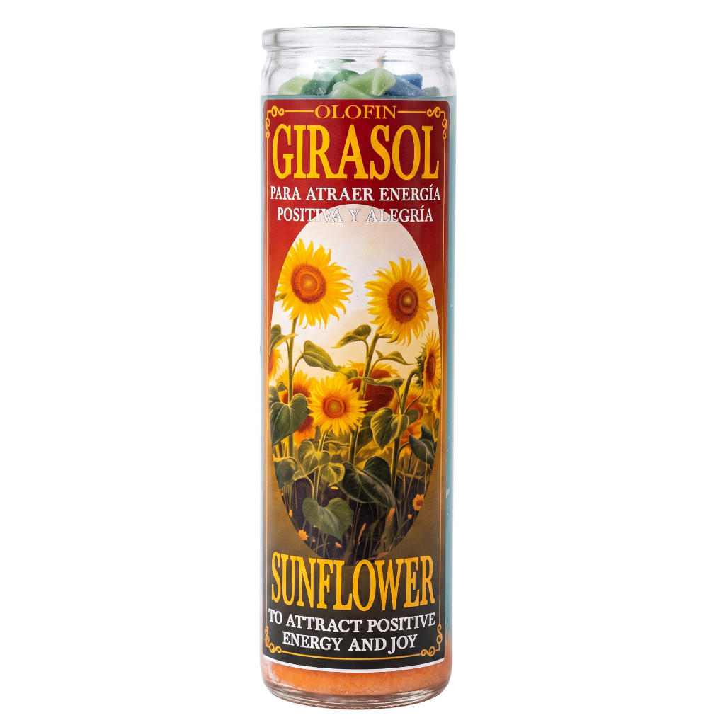 A tall glass jar candle labeled 'Olofin Girasol Sunflower' with a red label featuring sunflower illustrations, shown on a plain white background.