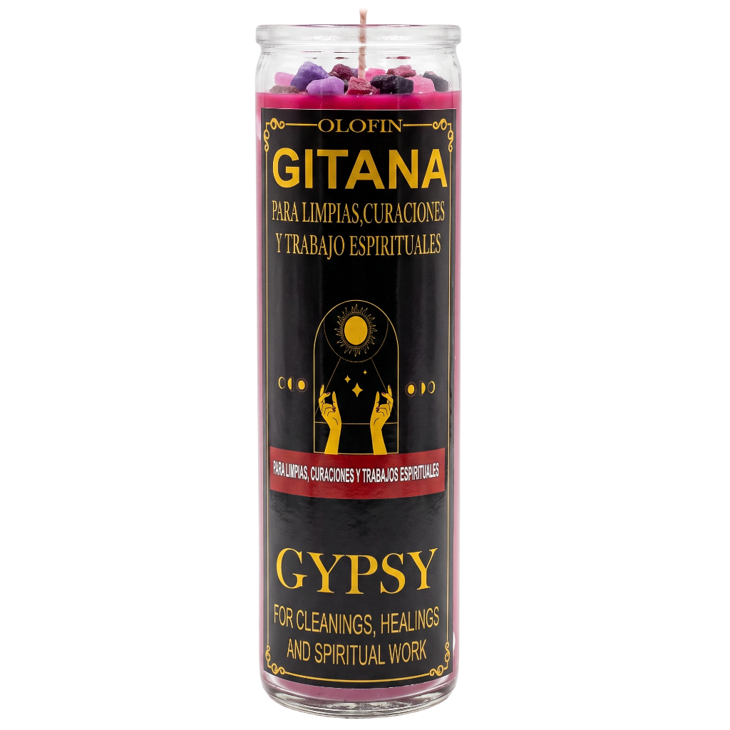 A tall glass jar candle labeled 'Olofin Gitana Gypsy' with a black label, gold text, and pink wax visible at the top and bottom, shown on a plain white background.