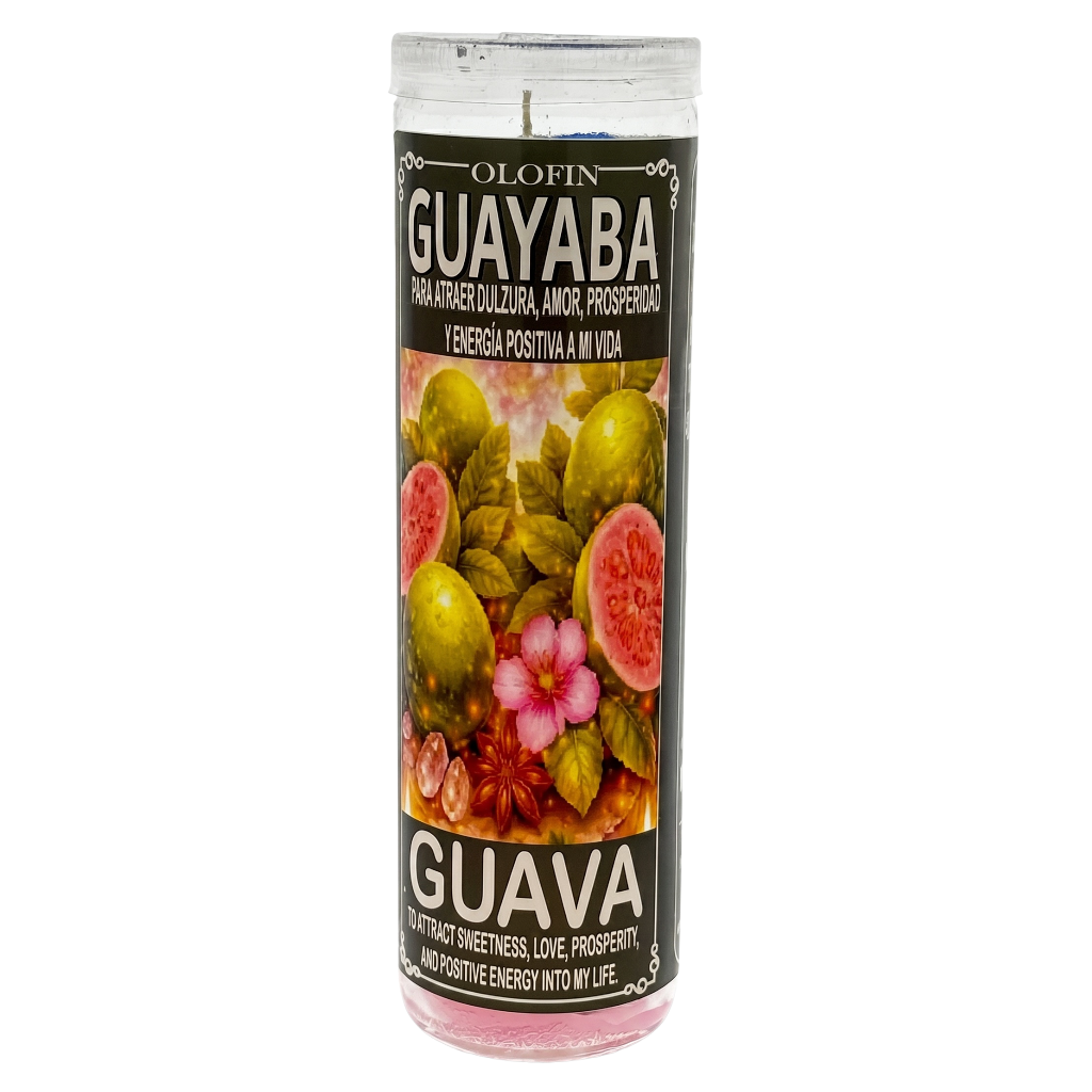 A tall glass jar candle labeled 'Olofin Guayaba' with a black label featuring fruit and flower illustrations, shown on a plain white background.
