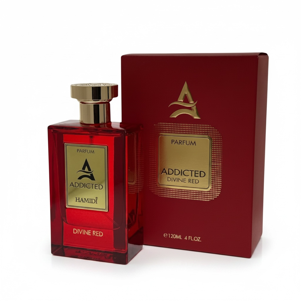 Red perfume bottle and packaging with 'Addicted' branding on a white background
