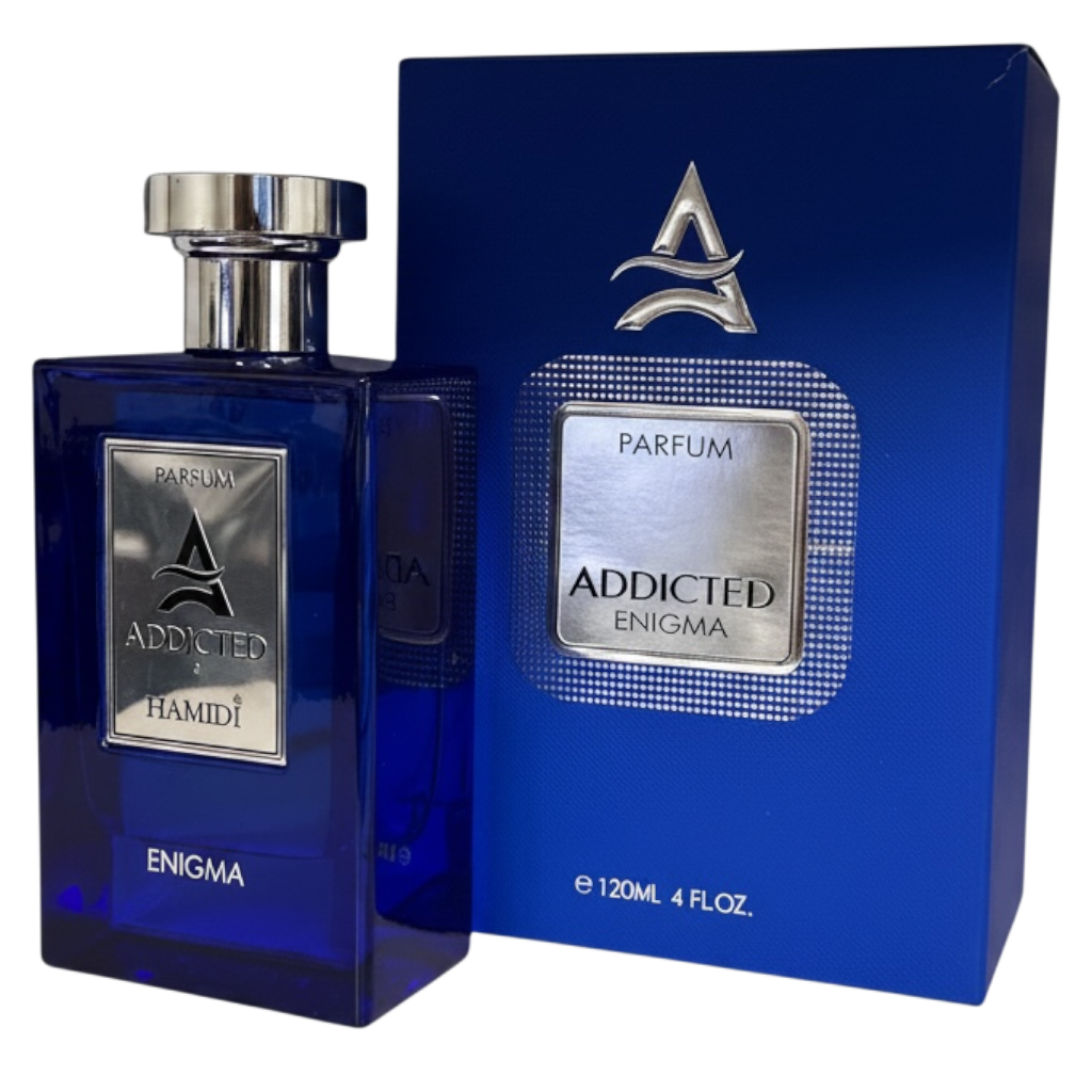 Blue Addicted Enigma perfume bottle and packaging on a white background