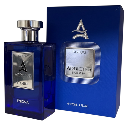 Blue Addicted Enigma perfume bottle and packaging on a white background