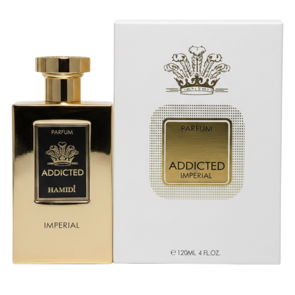 Gold and black perfume bottle with 'Addicted' branding next to its packaging on a white background