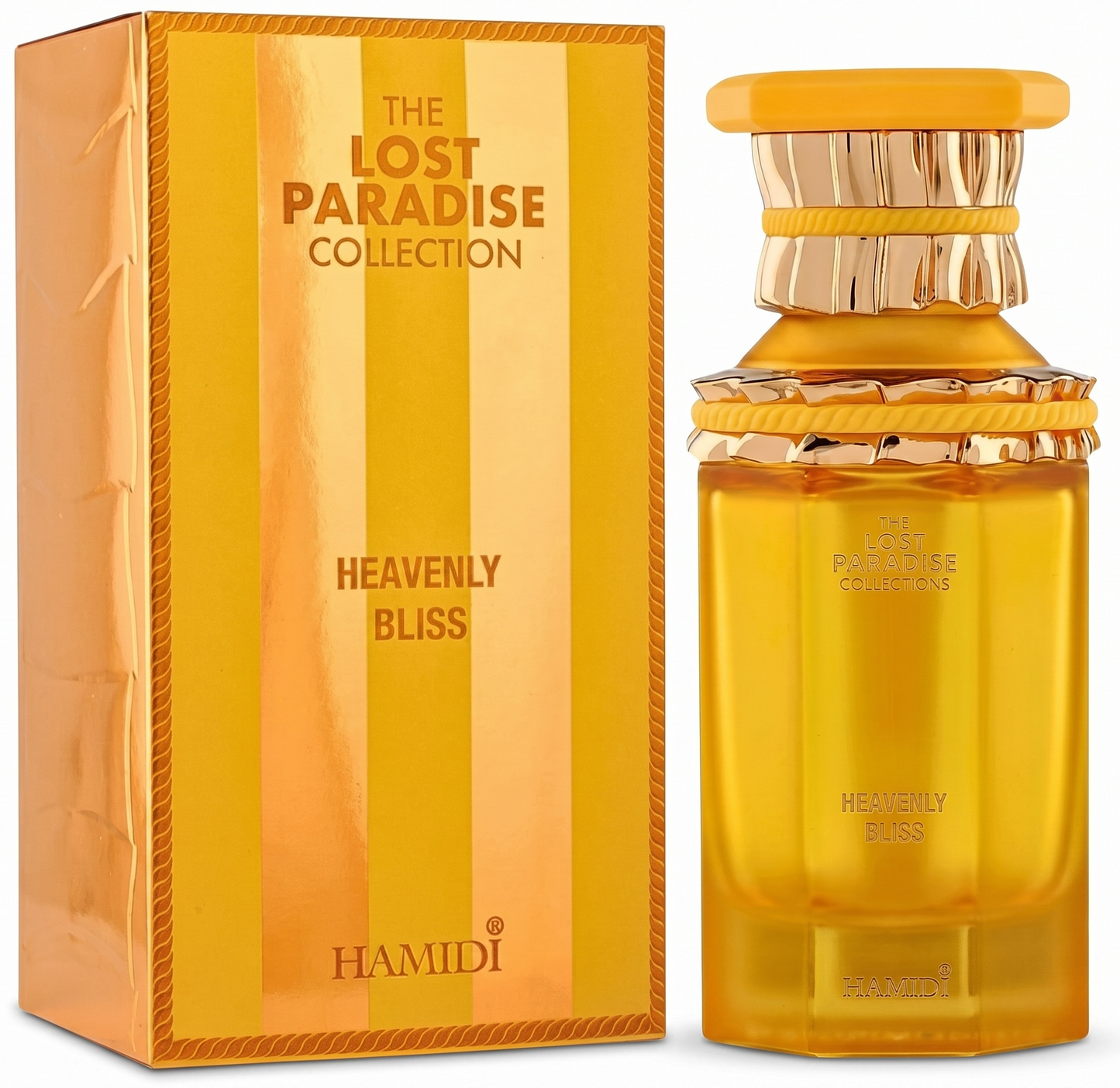 Hamidi Heavenly Bliss perfume bottle and packaging with 'The Lost Paradise Collection' branding.