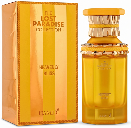Hamidi Heavenly Bliss perfume bottle and packaging with 'The Lost Paradise Collection' branding.