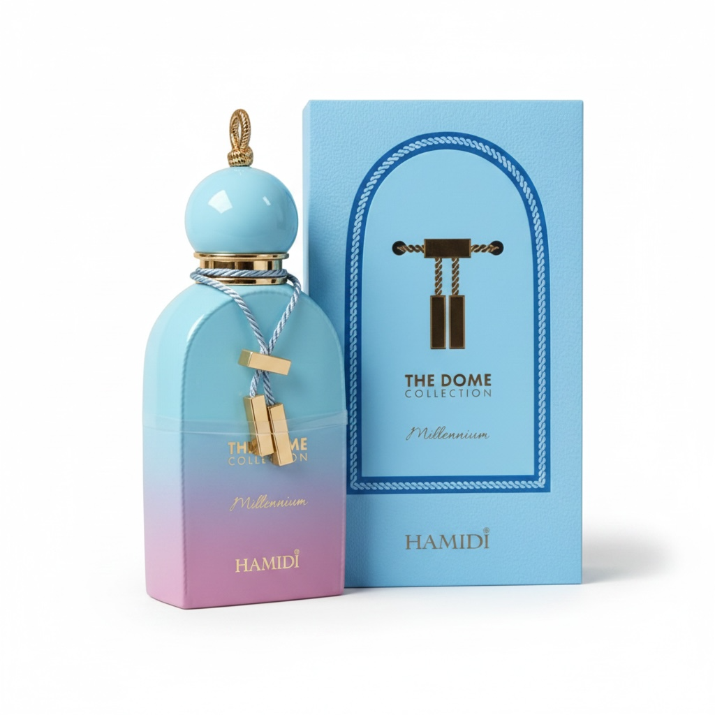 Hamidi perfume bottle with gradient design and matching packaging on a white background