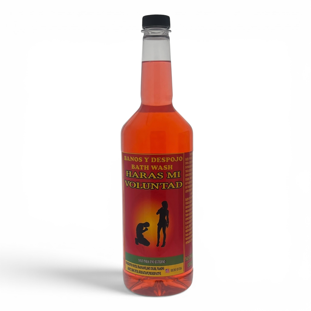 A bottle of bath wash with a black cap and a red label reading 'HARAS MI VOLUNTAD' in Spanish, shown on a white background.