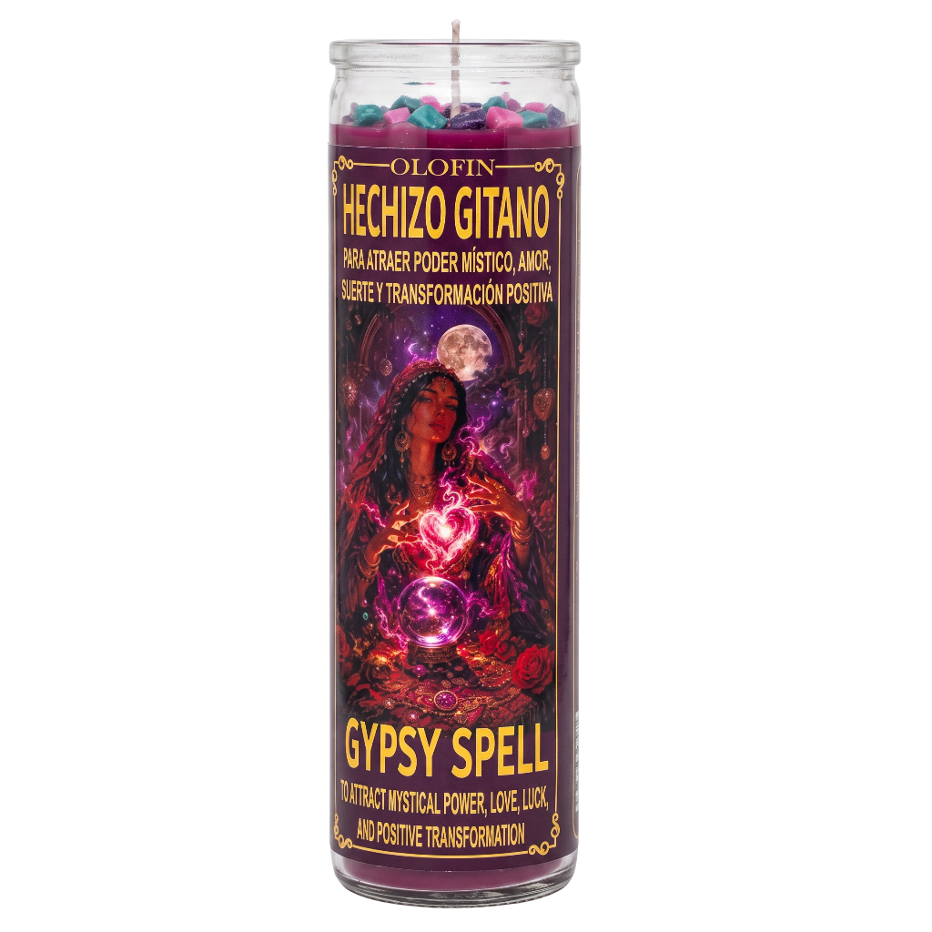 A tall glass jar candle labeled 'Orofin Hechizo Gitano Gypsy Spell' with a colorful mystical illustration on the front, shown against a plain white background.