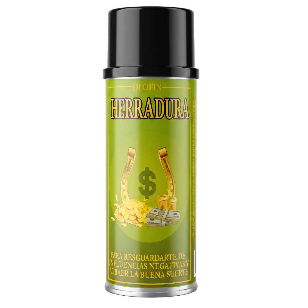 A single aerosol spray can of Olofin Herradura, featuring a bright olive green label with gold and black text, gold horseshoes, and a black cap, isolated on a white background.