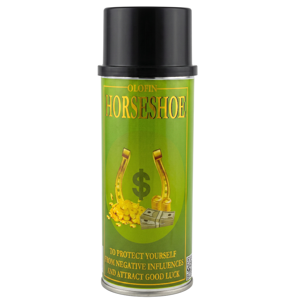 A can of Olofin Horseshoe protection spray with a black cap and a bright green label featuring gold horseshoe and coin graphics.