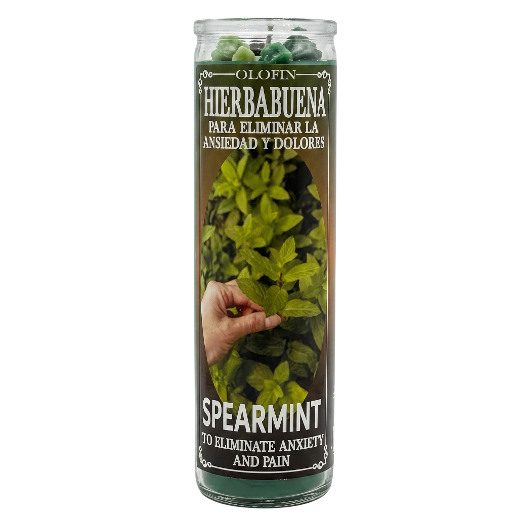 A tall glass jar candle labeled Olofin Hierbabuena Spearmint, featuring green leaf imagery and text claiming relief from anxiety and pain, shown on a plain white background.