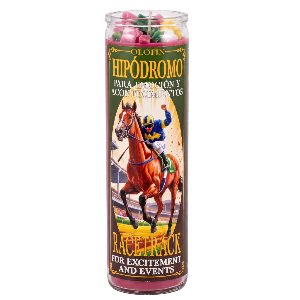 A tall clear glass jar candle with a colorful printed label featuring a horse and jockey at a racetrack. The label reads 'OLOFIN HIPÓDROMO' and 'RACETRACK FOR EXCITEMENT AND EVENTS.