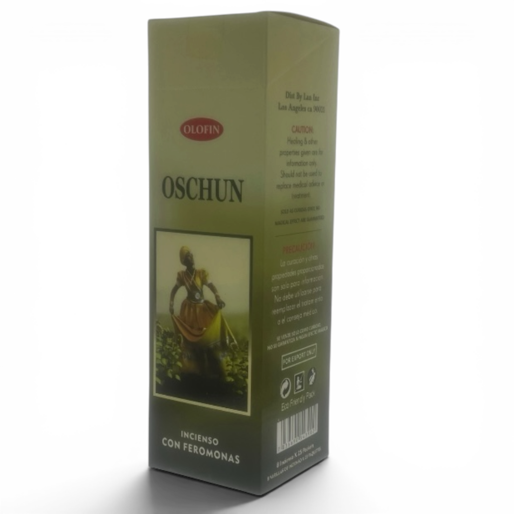 Square incense  product box for Olofin Oschun incense with feromonas, shown on a plain white background. The box is olive green with black text and a small central illustration.