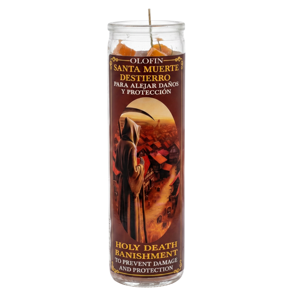 A tall glass prayer candle with a brown printed label featuring Santa Muerte imagery and text reading 'Olofin Santa Muerte Destierro' and 'Holy Death Banishment to Prevent Damage and Protection.'.
