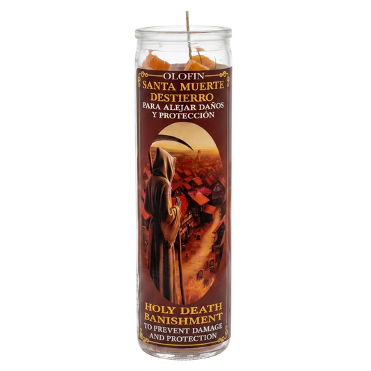 A tall glass prayer candle with a brown printed label featuring Santa Muerte imagery and text reading 'Olofin Santa Muerte Destierro' and 'Holy Death Banishment to Prevent Damage and Protection.'.