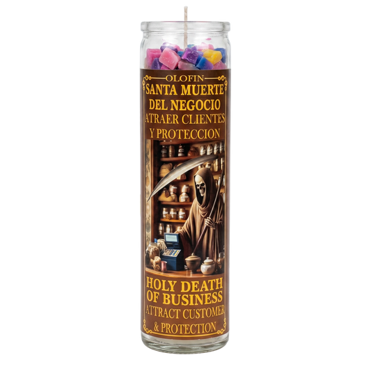 Santa Muerte Del Negocio (Holy Death of Business) Prepared Ritual Candle Perfumed Vela Preparada