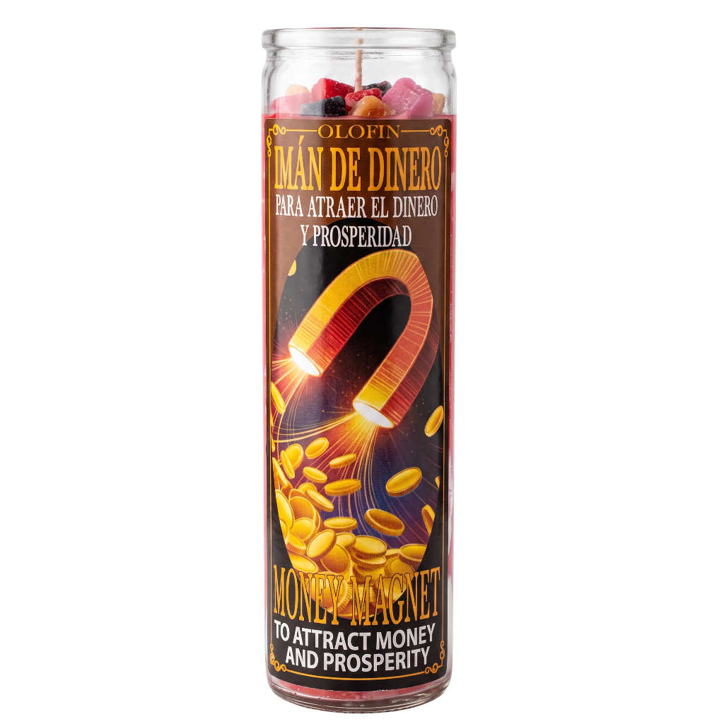 A tall glass jar candle labeled 'Iám de Dinero' and 'Money Magnet' with a large gold money magnet graphic on a dark label, shown on a plain white background.
