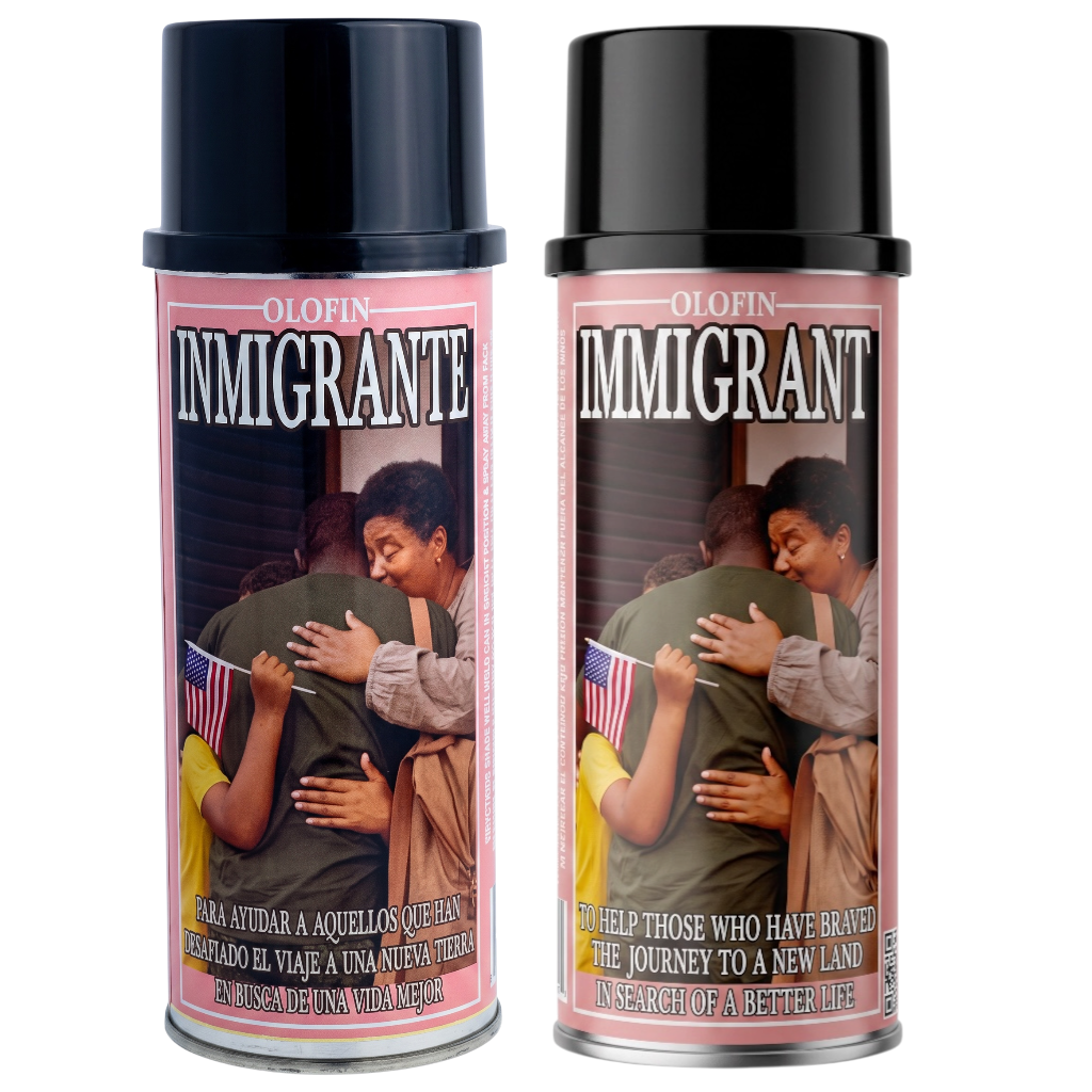 Two spray paint cans of Olofin Immigrant spray paint shown side-by-side on a plain white background. The cans have black caps and pink labels featuring an image of a reunited family and Spanish text.