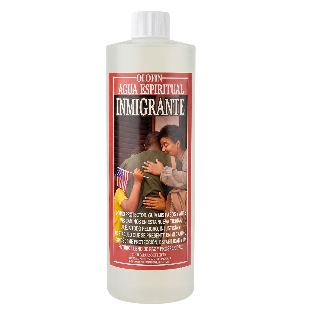 A white plastic bottle of Olofin Agua Espiritual Inmigrante spiritual liquid, featuring a red and white label with an image of a family hug.