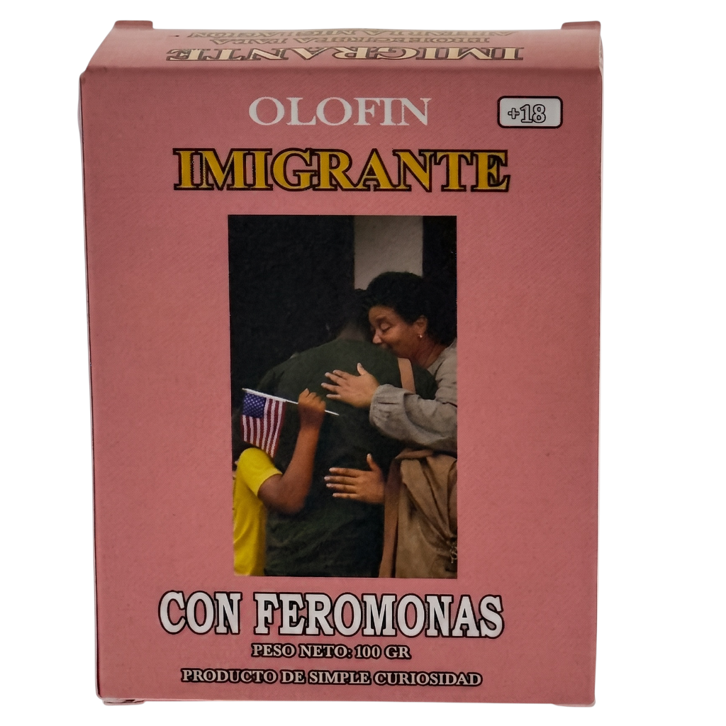 A pink rectangular box of Olofin Migrante con feromonas, featuring a central photo of a family embrace and Spanish text on a white background.