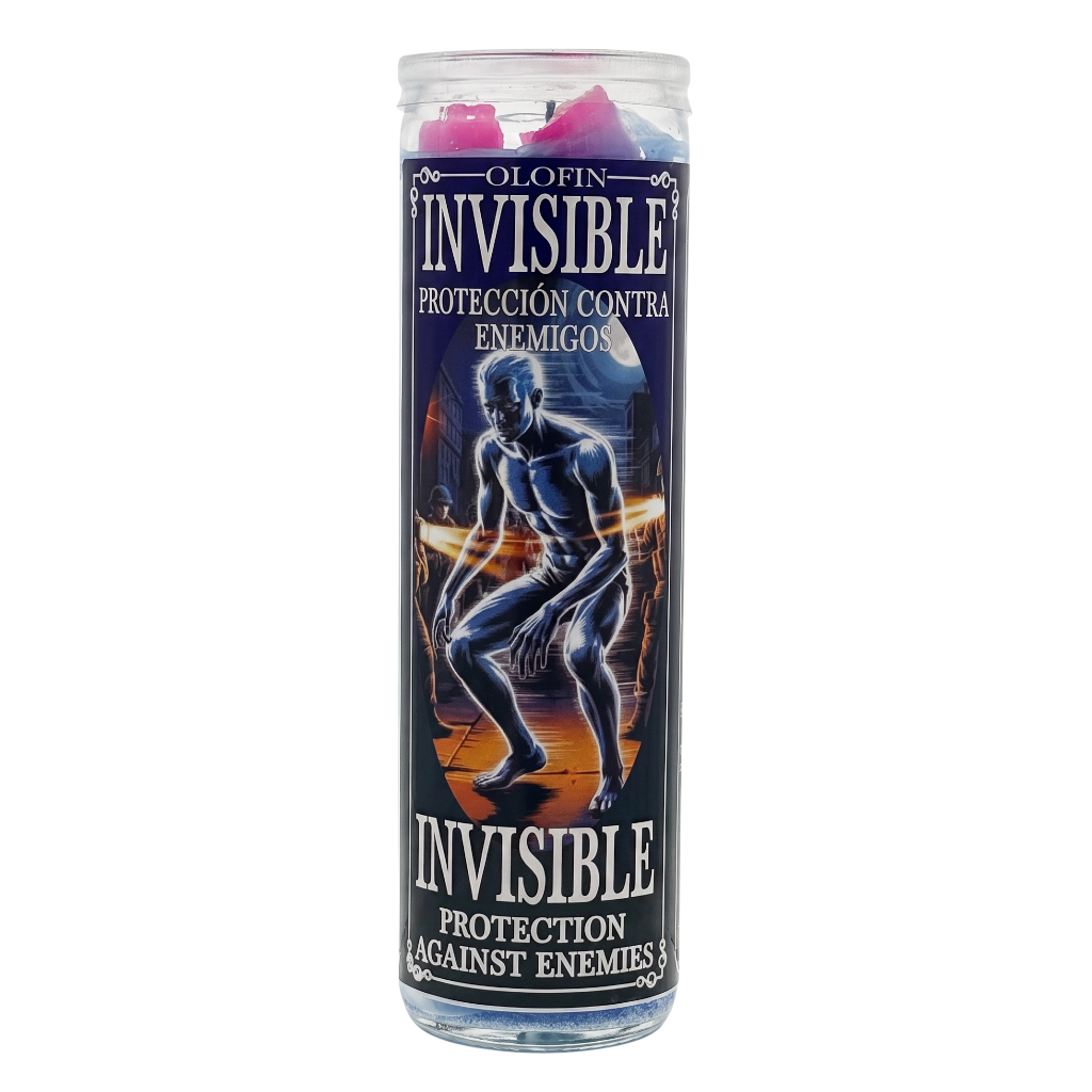 A tall glass jar candle with a dark blue label featuring a glowing blue figure and the text 'OLOFIN INVISIBLE PROTECCION CONTRA ENEMIGOS' and 'INVISIBLE PROTECTION AGAINST ENEMIES'.