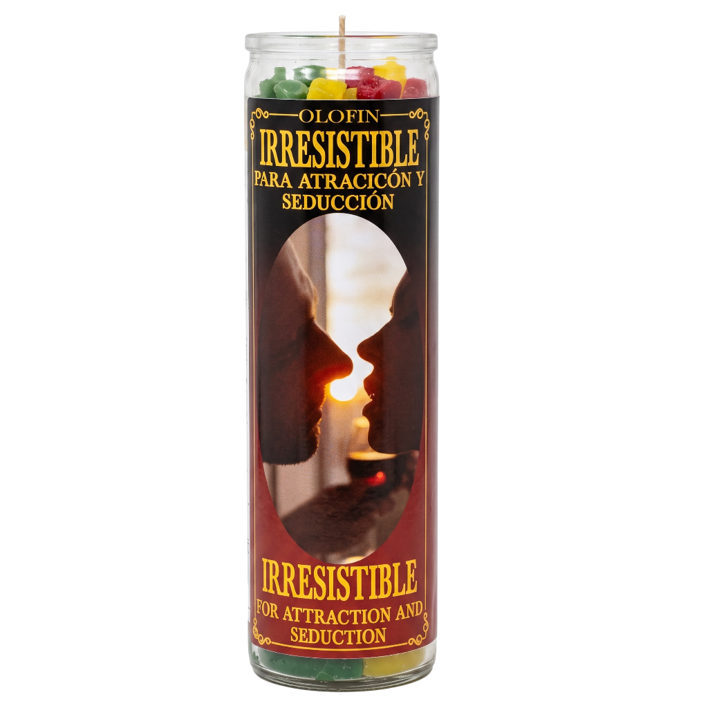 A tall glass jar candle labeled 'Olofin Irresistible' with a black and red label featuring a kissing couple silhouette and yellow text, shown on a plain white background.