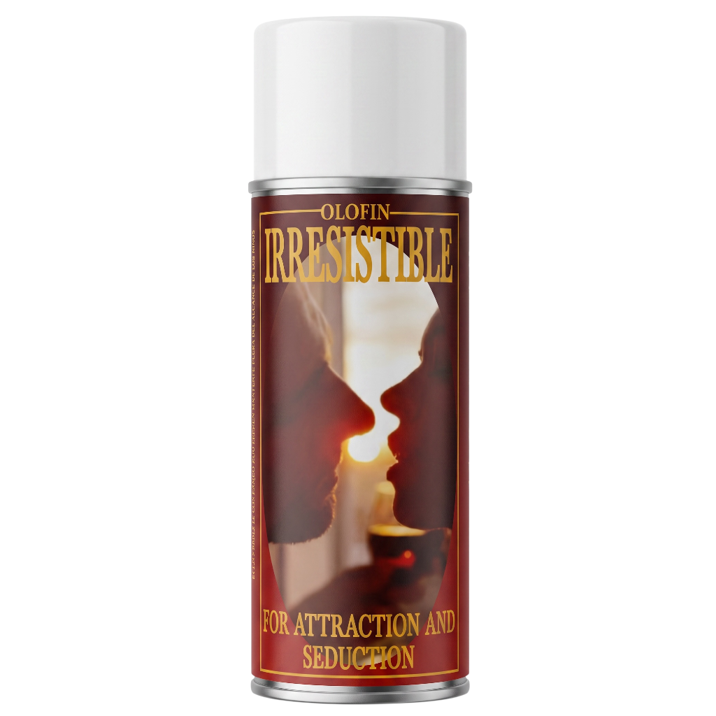 A cylindrical aerosol can of Olofin Irresistible spray, featuring a white cap and a label with a silhouetted couple facing each other against a warm sunset, with gold lettering on a dark red background.