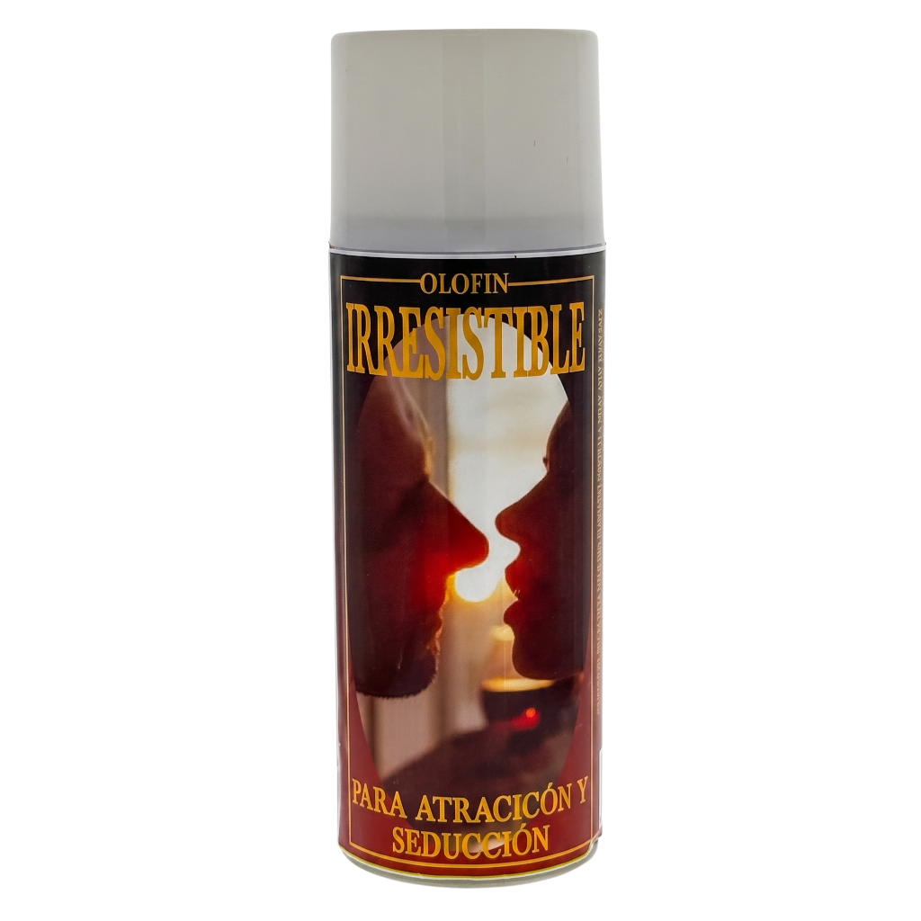 A cylindrical aerosol can of Olofin Irresistible spray, featuring a label with a romantic silhouette of two faces facing each other against a warm sunset, with Spanish text 'OLOFIN IRRESISTIBLE PARA ATRACCIÓN Y SEDUCCIÓN'.