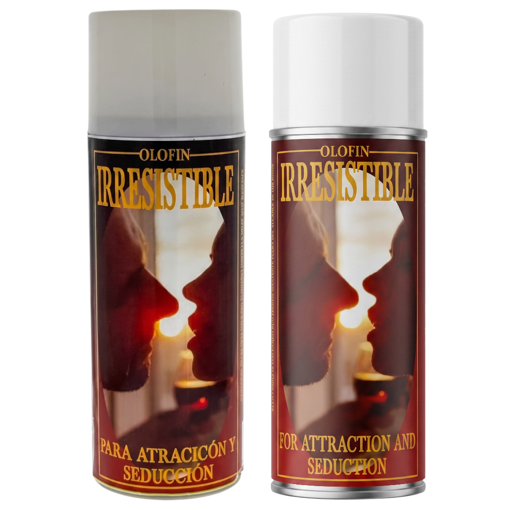 Two Olofin Irresistible attraction and seduction spray cans on a plain white background.