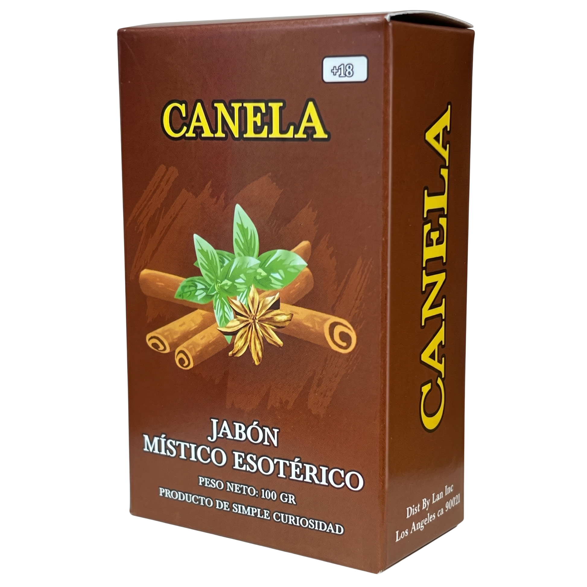 Box of 'Canela' with cinnamon sticks and star anise on a brown background