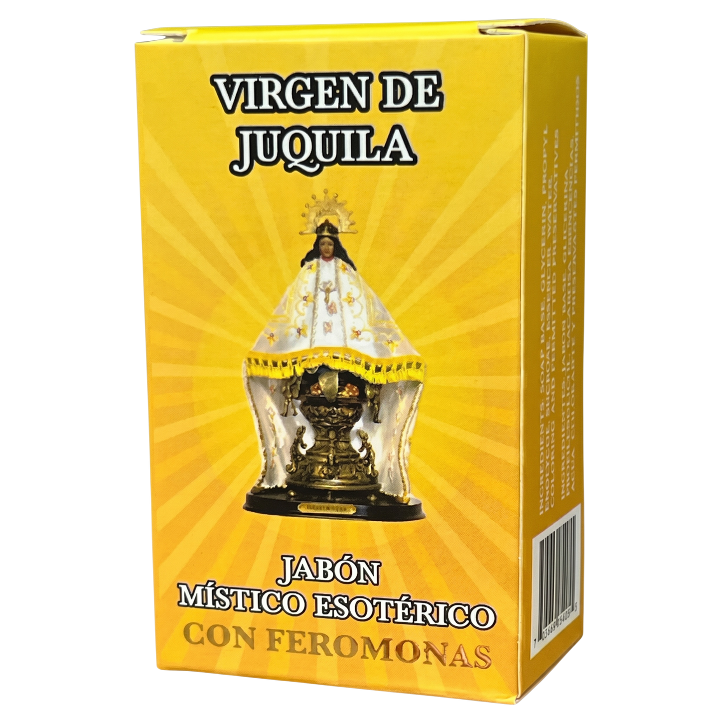 Yellow box with a religious figure on it, labeled 'Virgen de Juquila'.