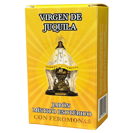 Yellow box with a religious figure on it, labeled 'Virgen de Juquila'.