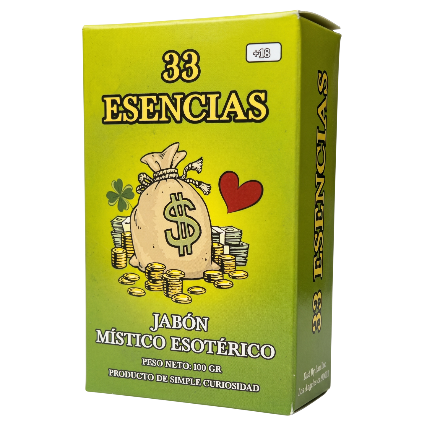 A box of '33 Encias' mystical soap packaging, featuring a bright yellow-green background with illustrations of a money sack, coins, and a red heart.